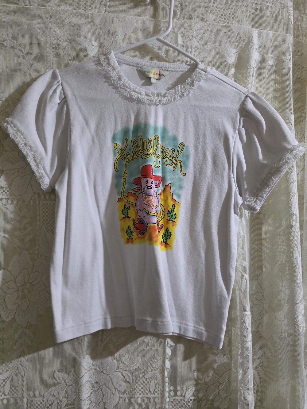 Teddy Fresh White Ruffle Sleeve Tee with Colorful Western Graphic